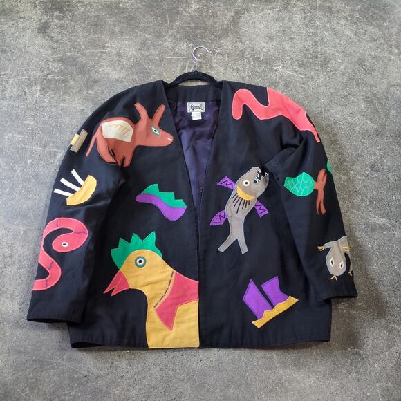 Vintage Girasol Open Front Jacket Womens XL Black Mexican Patchwork Animal - Picture 1 of 8